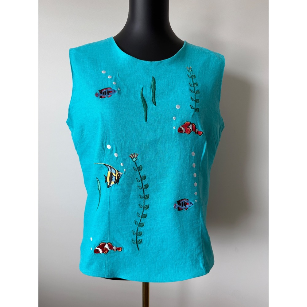 Ultra Dress New York Turquoise Linen Blend Tropical Fish Embroidered Top Size 14